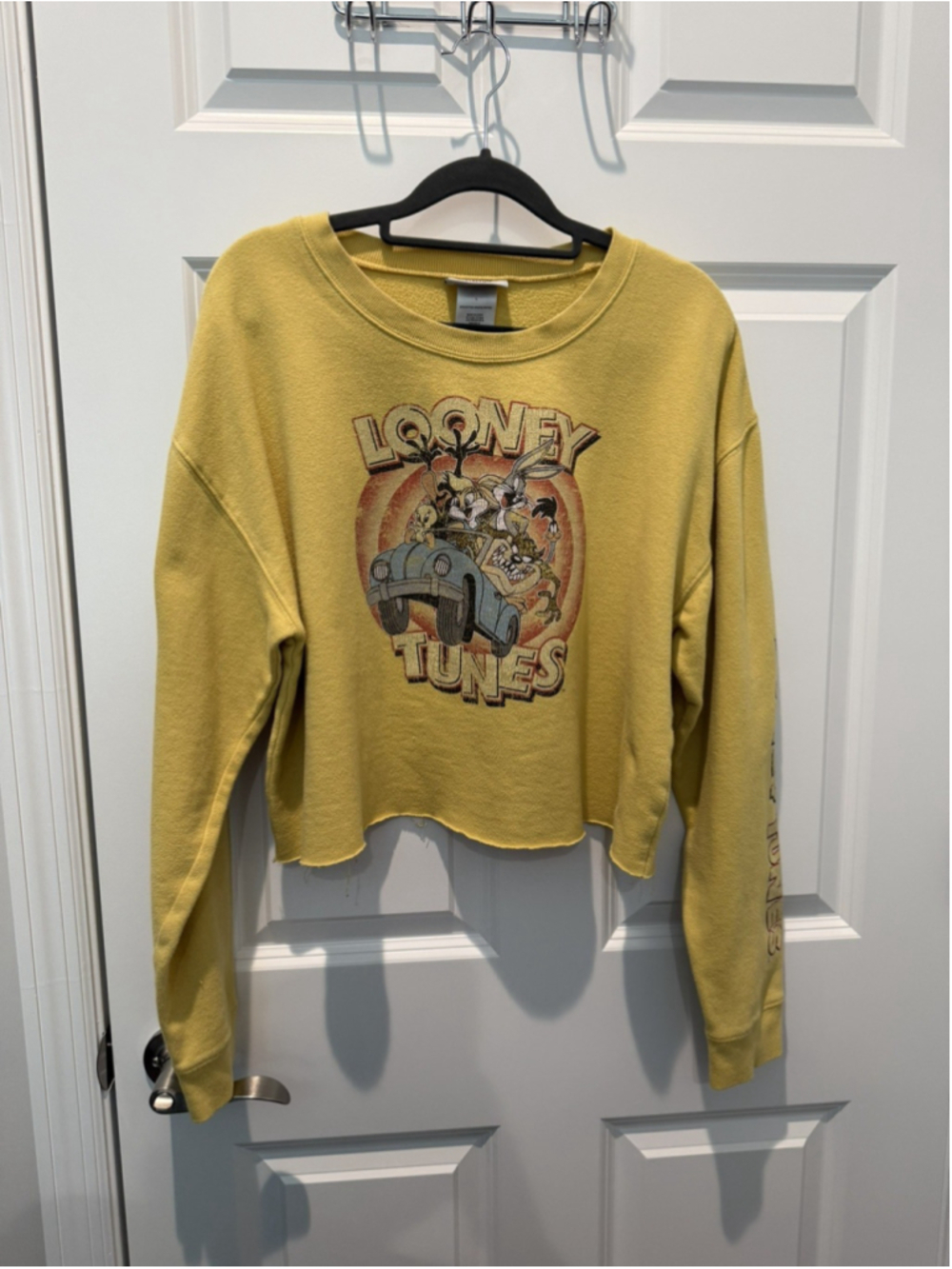 Vintage Looney Tunes Cropped Sweatshirt Women Large Yellow Classic Retro 80s 90